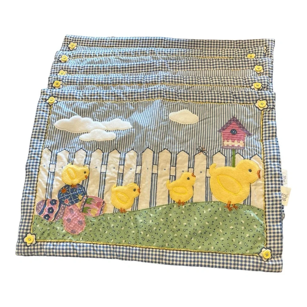 Placemats Blossoms & Blooms Springtime Easter  Appliquéd Blue Gingham Chicks